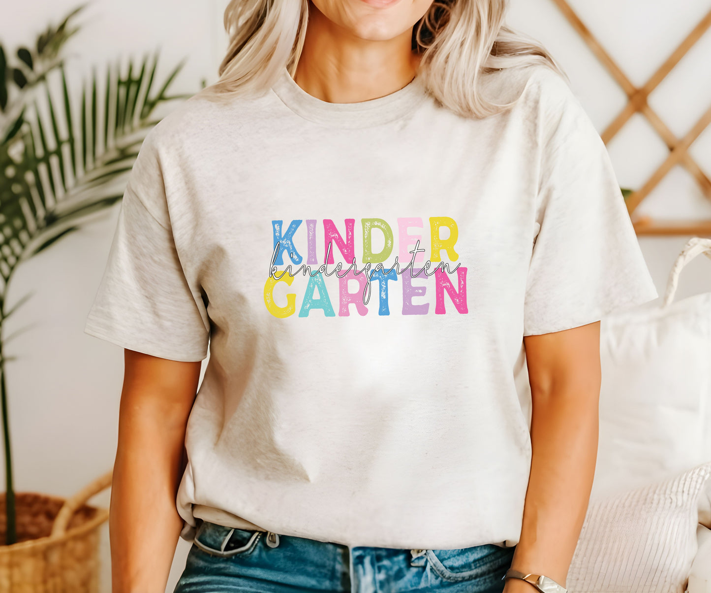 Kindergarten Stacked Script Overlay Tee